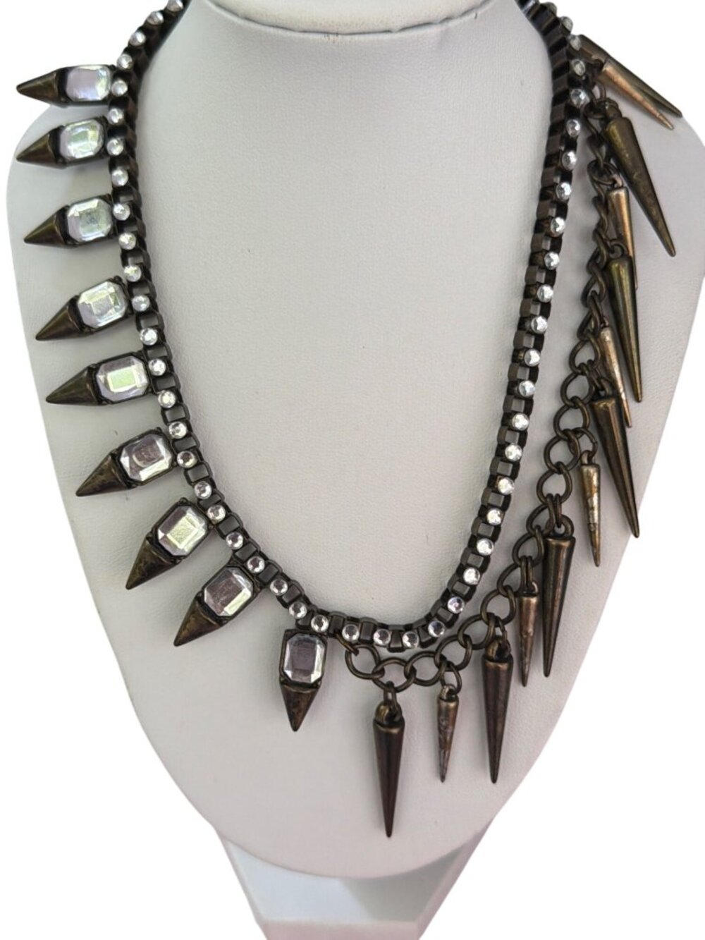 Edgy Spike Necklace Clear Rhinestones Antique Gold Tone Asymmetrical Adj 18.5"